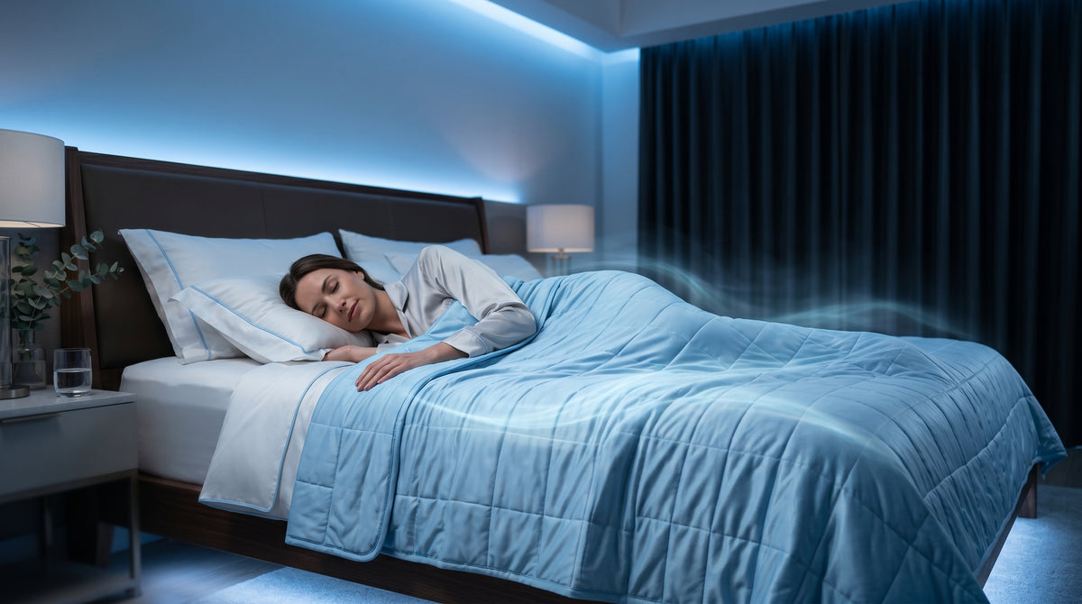 Woman sleeping in a bedroom with blue lighting and a blanket.